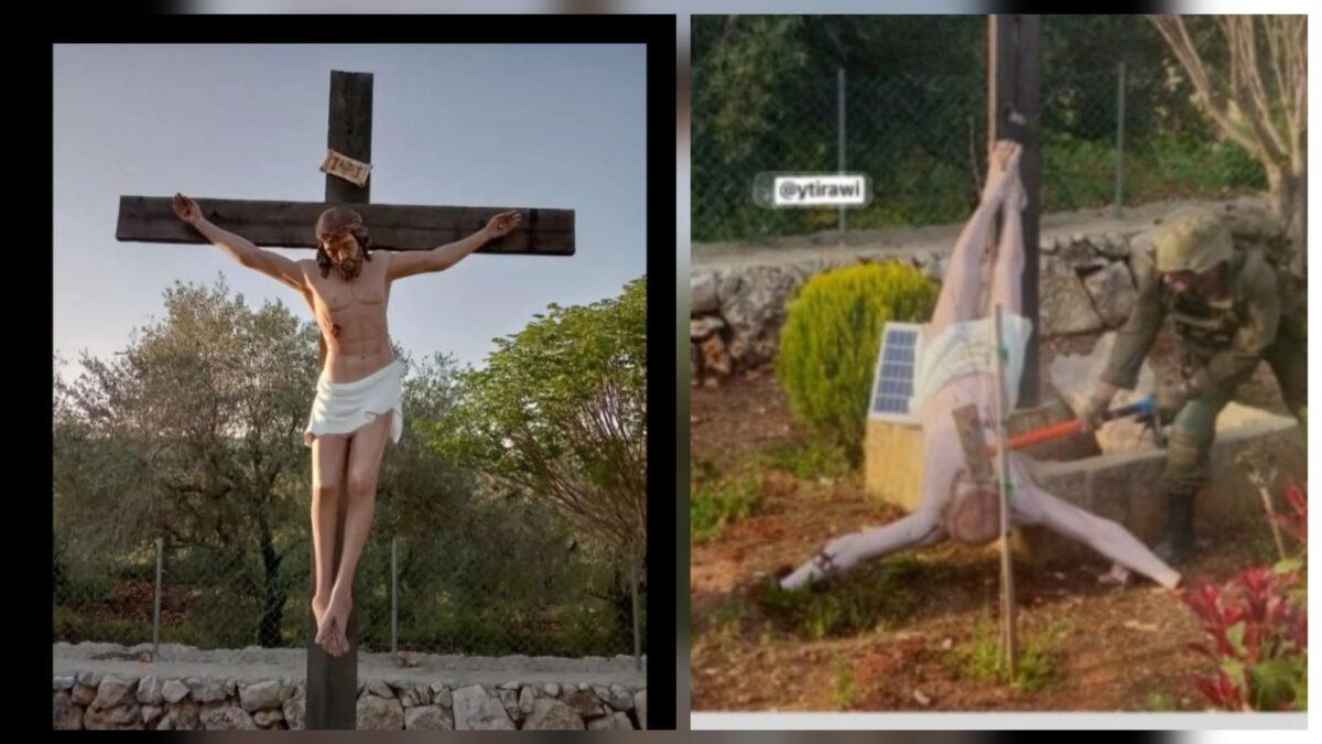 Un soldado israelí destroza a martillazos una estatua de Cristo en el sur de Líbano