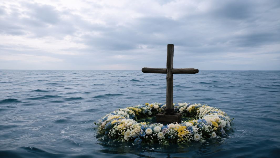 Una corona de flores al mar y una cruz con madera de cayucos