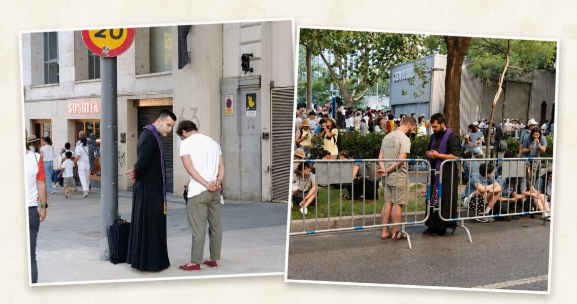 A falta de confesionarios, los sacerdotes jóvenes confiesan en las calles de Madrid