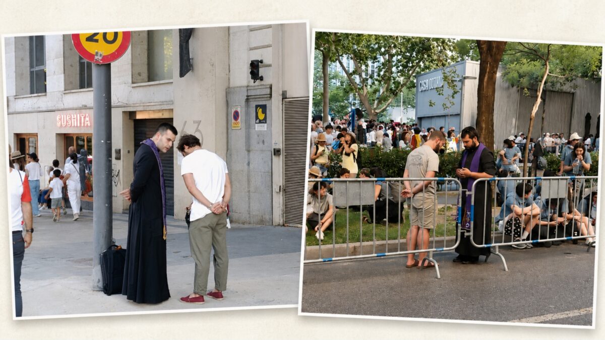 A falta de confesionarios, los sacerdotes jóvenes confiesan en las calles de Madrid
