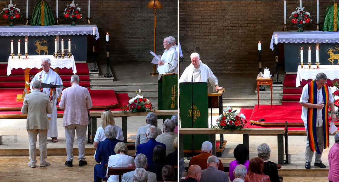 The Cardinal Radcliffe and two bishops bless a same-sex couple and celebrate a Thanksgiving Mass for their anniversary